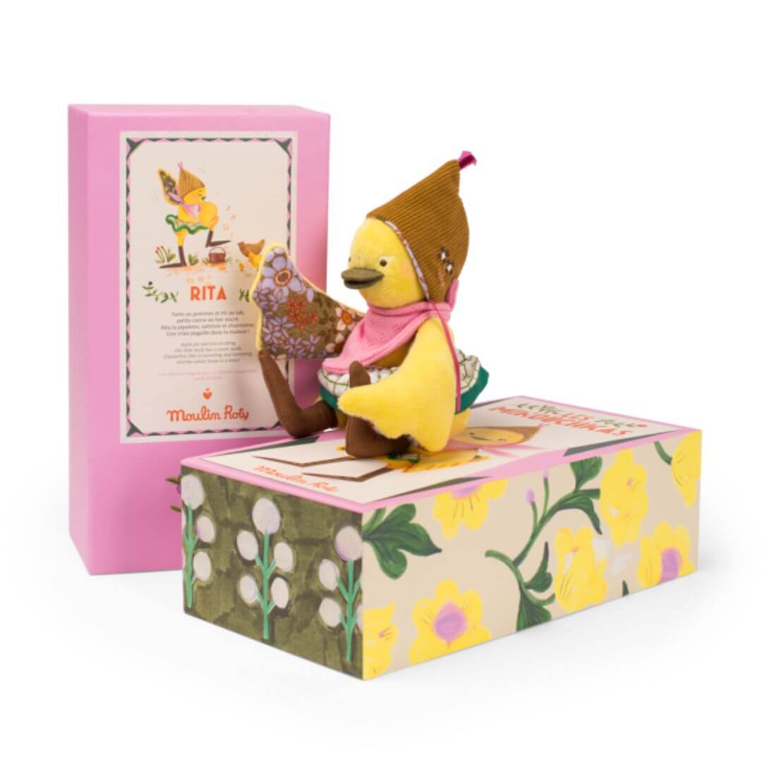 Moulin Roty - Rita the Duck wearing a bonnet and checkered skirt - Bella Luna Toys