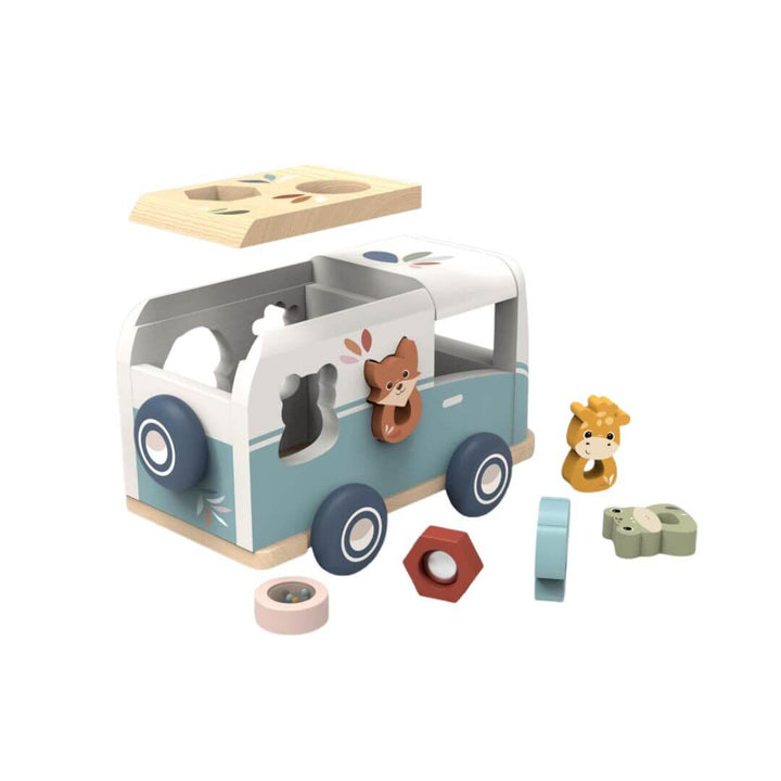 Speedy Monkey Wooden van shape sorter with animal-shaped blocks and geometric sorting holes, shown with animals both in the slots and placed around the  an - Bella Luna Toys