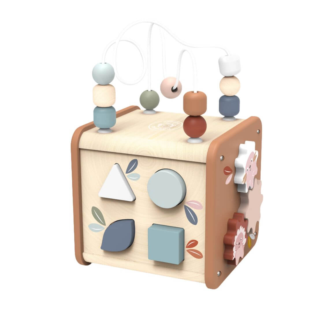 Speedy Monkey Wooden 5-in-1 activity cube with a bead maze, shape sorter, spinning gears, and interactive learning activities designed to encourage fine motor skills and early development - Bella Luna Toys