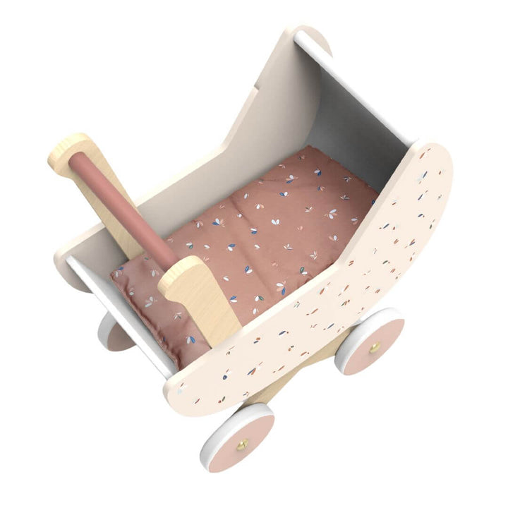 Speedy Monkey Wooden doll pram with a floral design, FSC®-certified wood construction, and easy-to-push handle for imaginative pretend play with dolls and stuffed animals - Bella Luna Toys