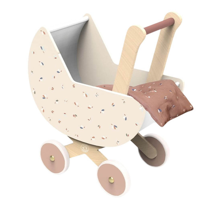 Speedy Monkey Wooden doll pram with a floral design, FSC®-certified wood construction, and easy-to-push handle for imaginative pretend play with dolls and stuffed animals - Bella Luna Toys