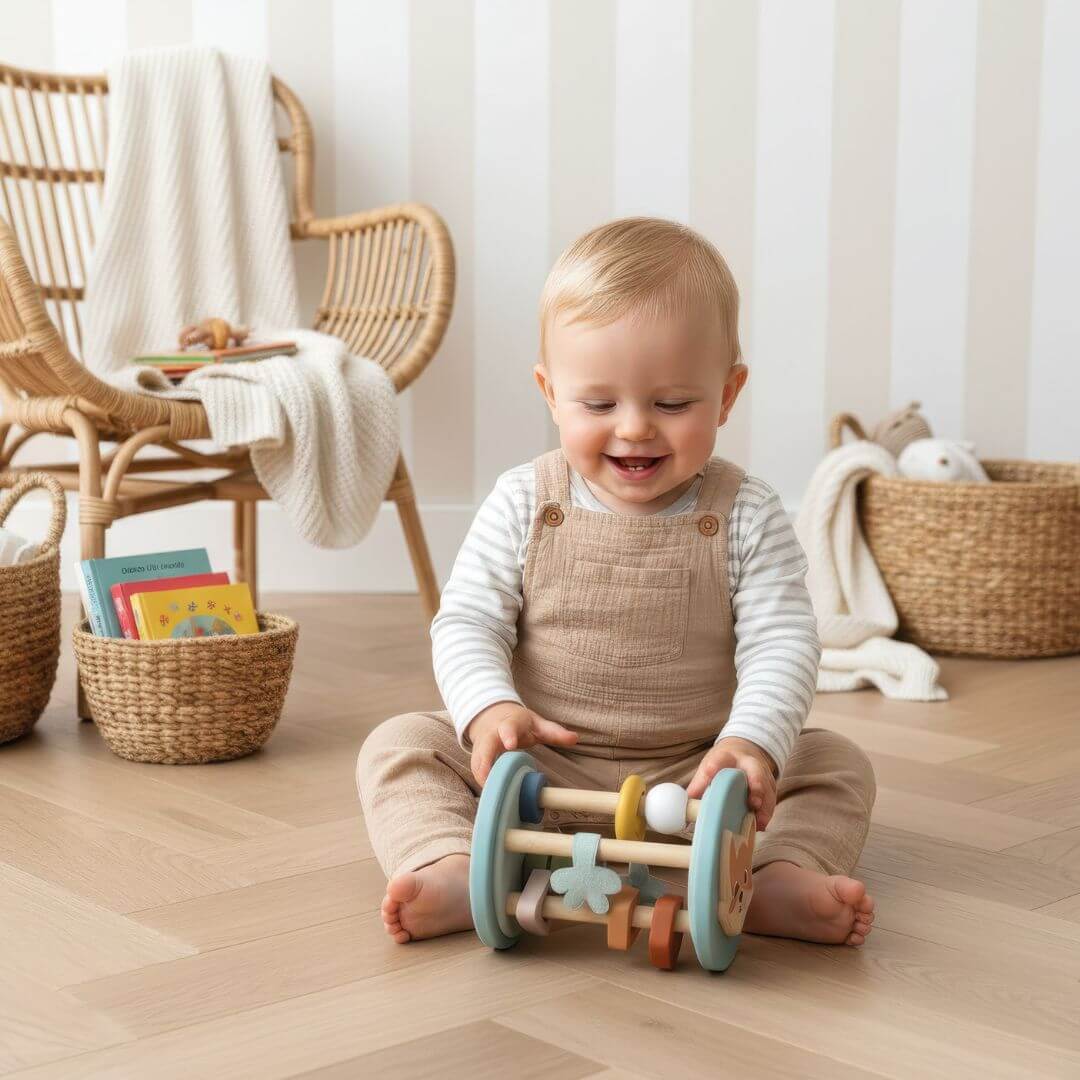 A baby plays with the Speedy Monkey Wooden Fox Roller Rattle baby toy with colourful rolling rings and woodland details. Designed to encourage sensory play, crawling, and fine motor development - Bella Luna Toys