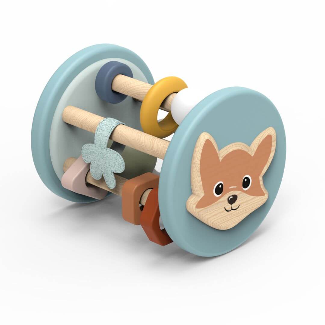 Speedy Monkey Wooden Fox Roller Rattle baby toy with colourful rolling rings and woodland details designed to encourage sensory play, crawling, and fine motor development - Bella Luna Toys