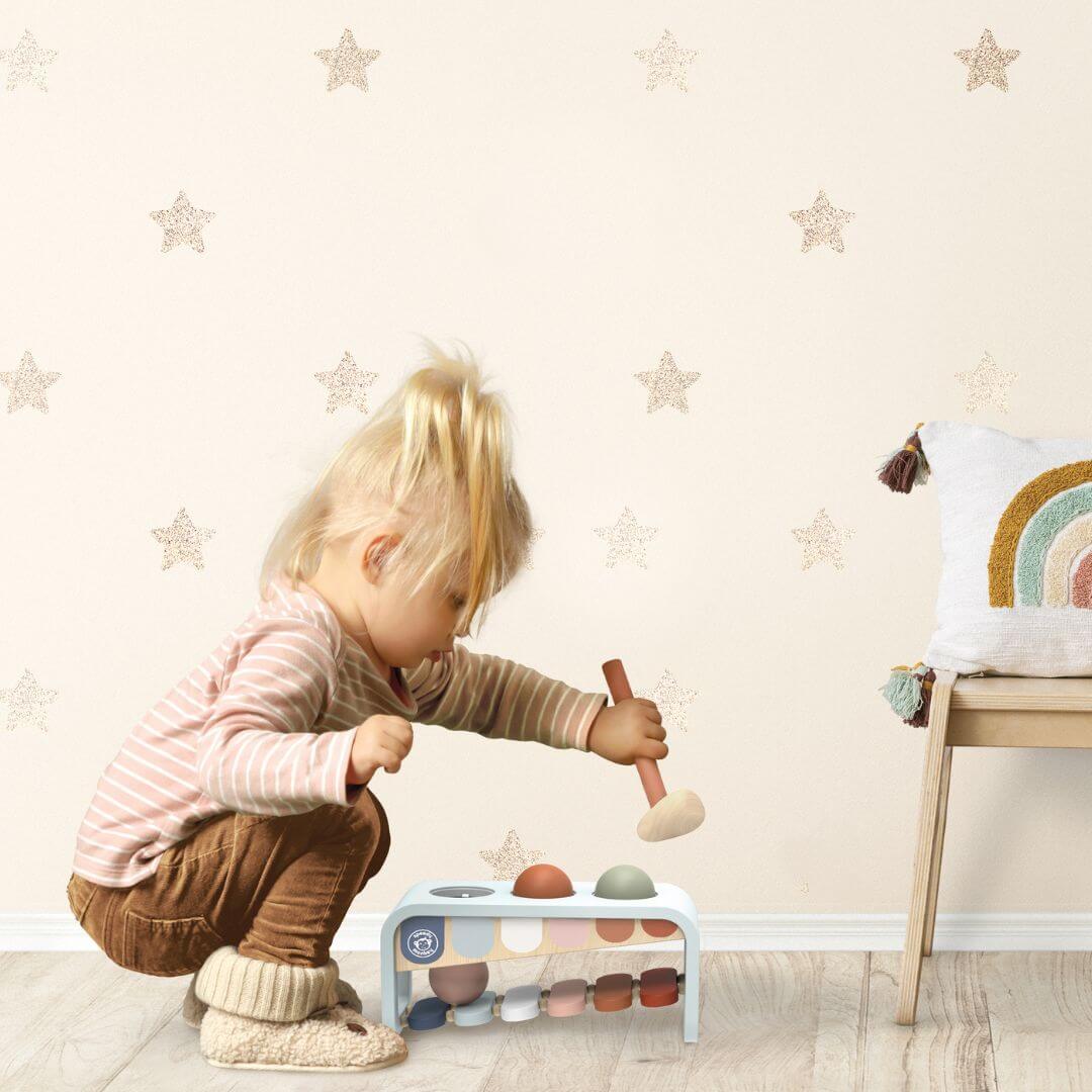Speedy Monkey Wooden 2-in-1 hammer bench and xylophone toy with colourful balls and mallet, designed to encourage fine motor skills, coordination, cause-and-effect learning, and musical play - Bella Luna Toys
