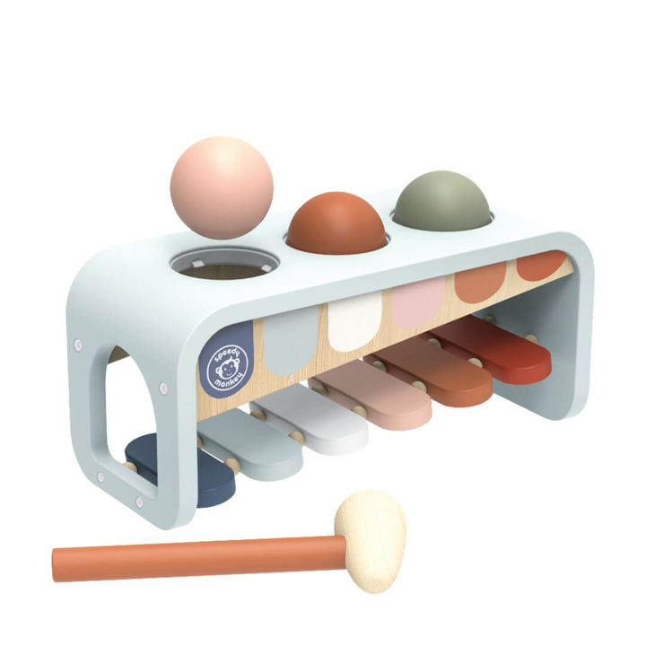 Speedy Monkey Wooden 2-in-1 hammer bench and xylophone toy with colourful balls and mallet, designed to encourage fine motor skills, coordination, cause-and-effect learning, and musical play - Bella Luna Toys