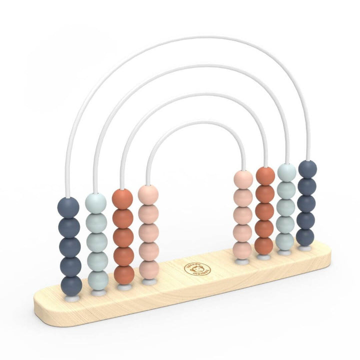 Speedy Monkey Wooden rainbow abacus with colorful sliding beads on curved metal rods, designed to encourage counting, color recognition, fine motor skills, and early math learning  Bella Luna Toys