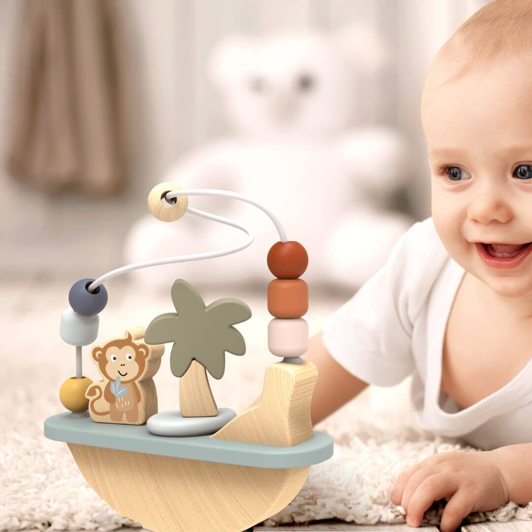 Speedy Monkey Wooden Monkey Rocking Bead Maze with a gently rocking base, looping bead wires, colourful wooden beads, a palm tree, and monkey figure for toddlers aged 12 months and up - Bella Luna Toys