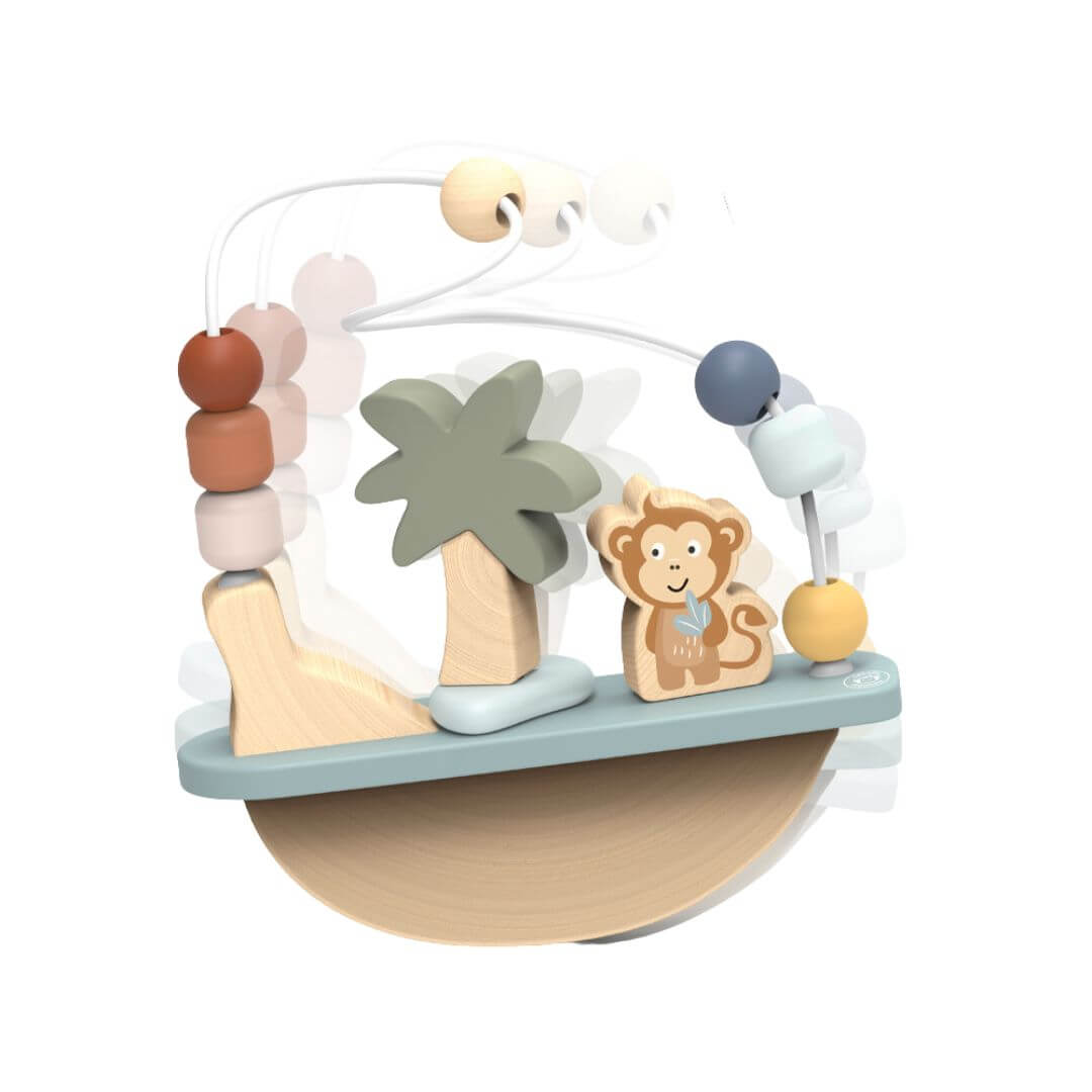 Speedy Monkey Wooden Monkey Rocking Bead Maze with a gently rocking base, looping bead wires, colourful wooden beads, a palm tree, and monkey figure for toddlers aged 12 months and up - Bella Luna Toys