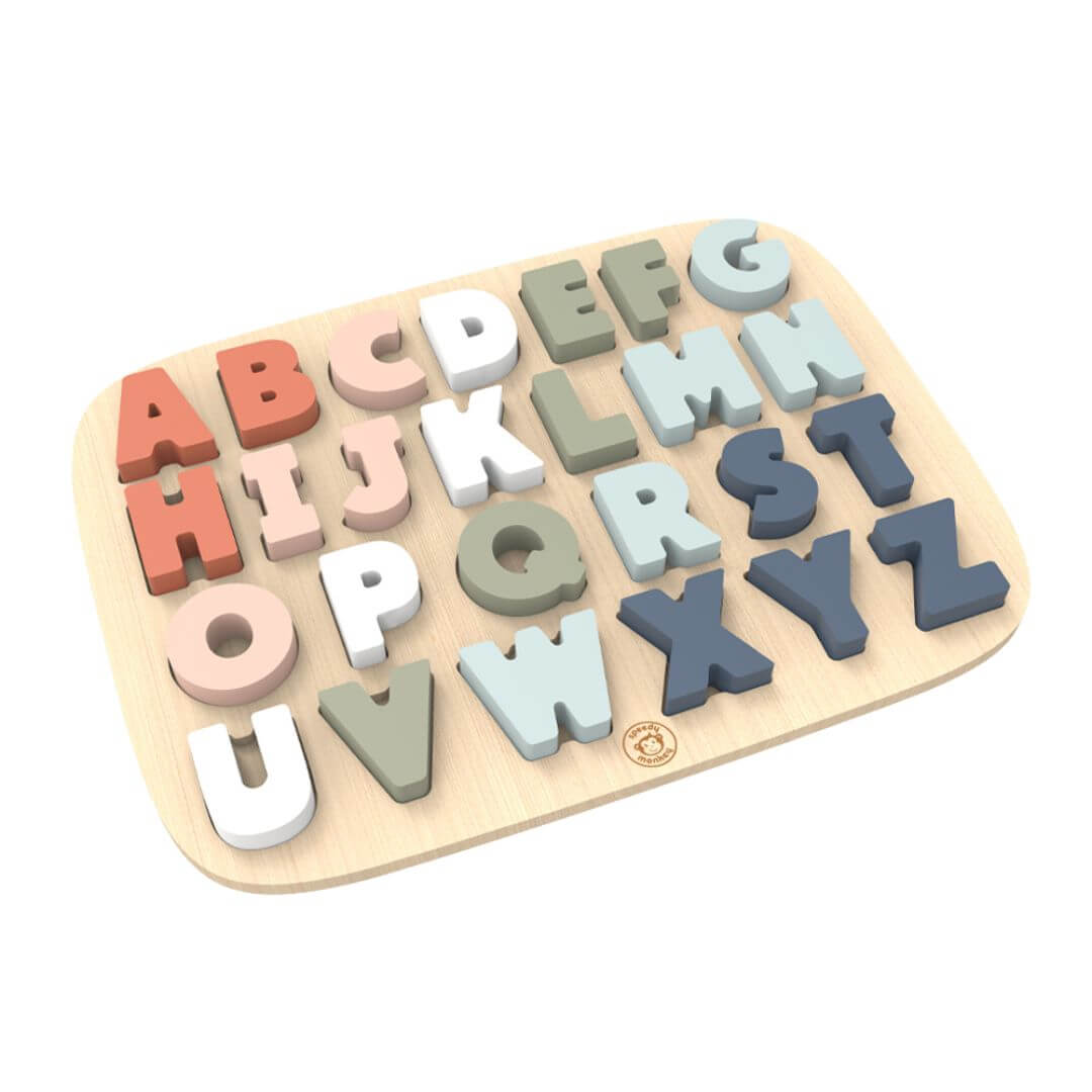 Speedy Monkey - Wooden alphabet puzzle with chunky pastel-coloured letters from Speedy Monkey designed to help toddlers develop letter recognition, fine motor skills, and early learning through hands-on play - Bella Luna Toys