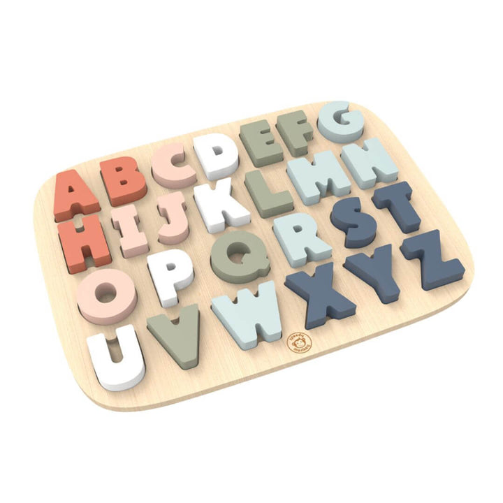 Speedy Monkey - Wooden alphabet puzzle with chunky pastel-coloured letters from Speedy Monkey designed to help toddlers develop letter recognition, fine motor skills, and early learning through hands-on play - Bella Luna Toys