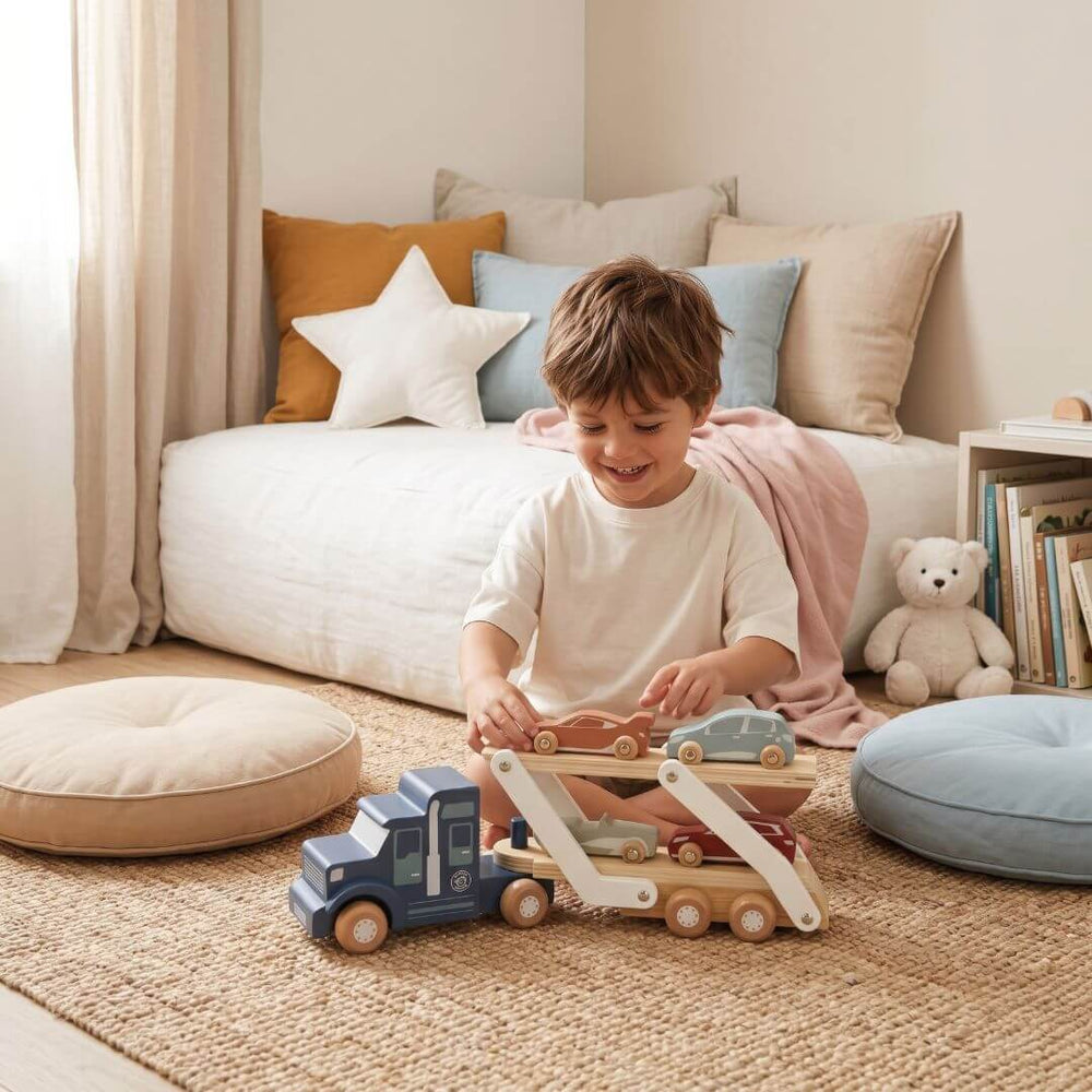 A child places a car on the wooden truck car transporter toy from Speedy Monkey.