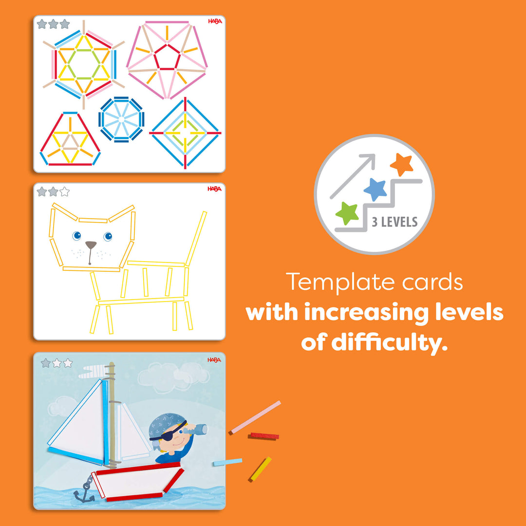 Three template cards with geometric shapes, a cat, and a child in a boat, indicating increasing difficulty levels.