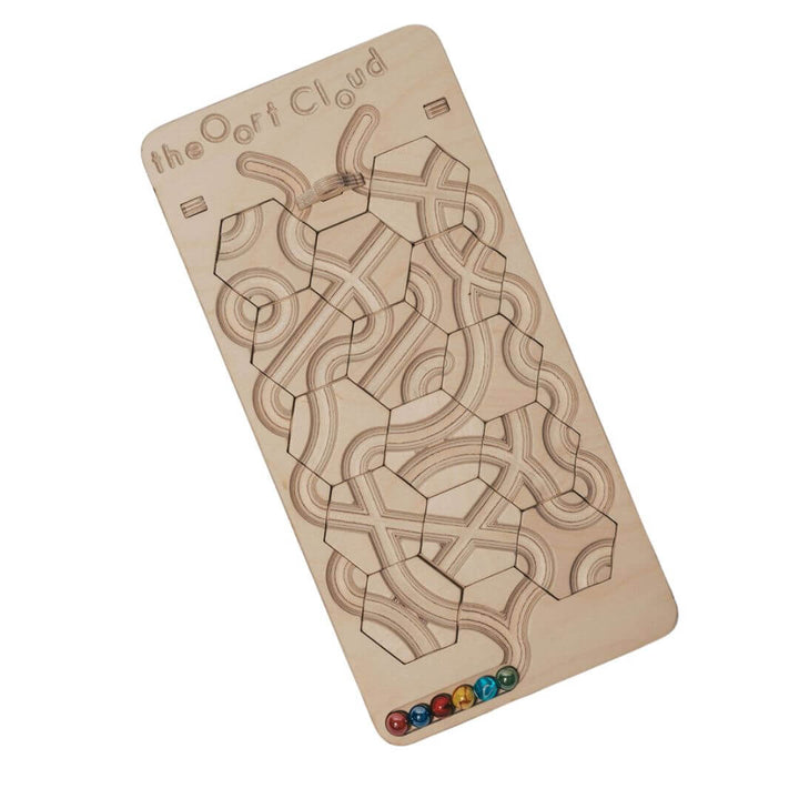 Wooden marble maze game board with rearrangeable hexagon tiles and colorful marbles, designed for puzzle-solving, marble racing, and open-ended track building - Bella Luna Toys