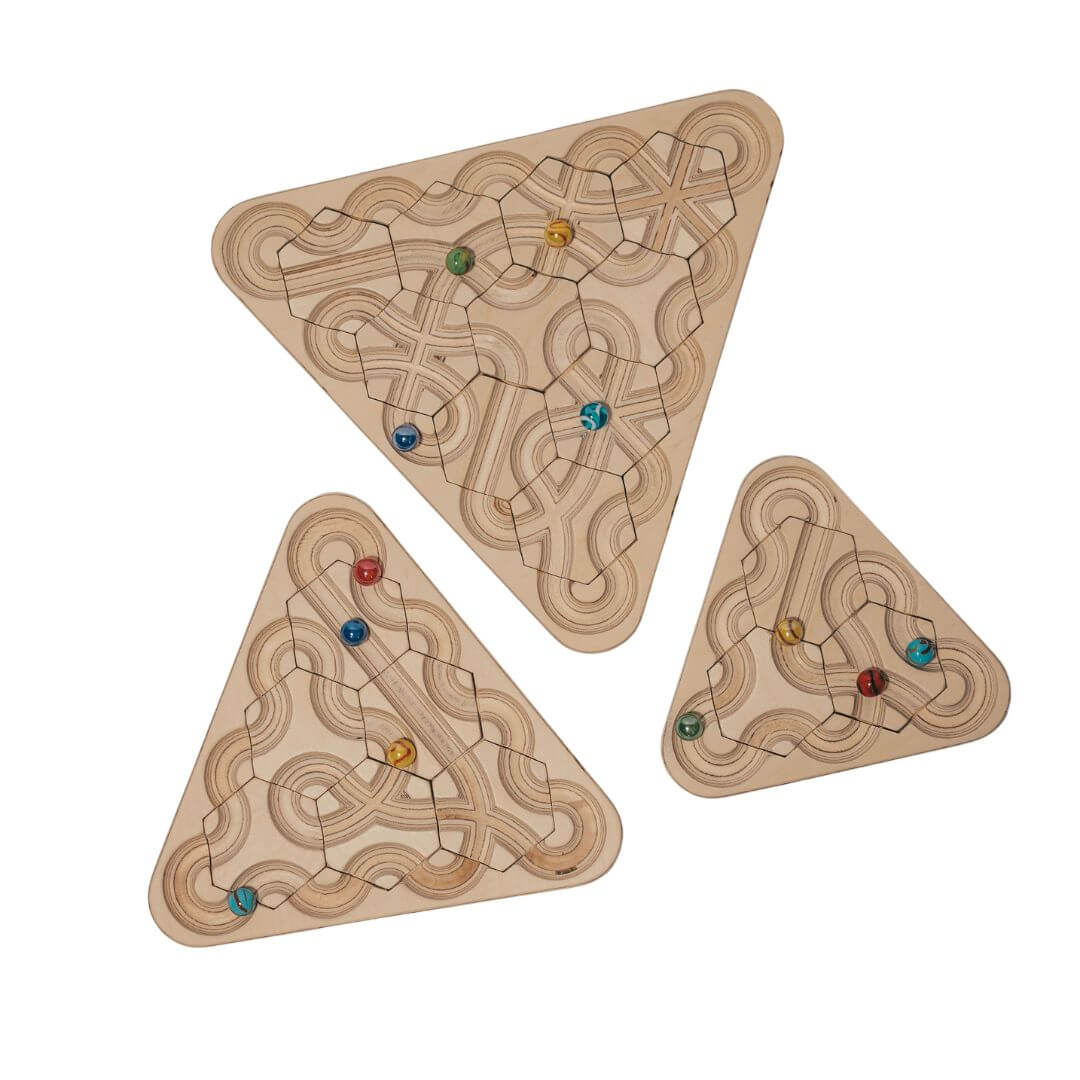 All three sizes of wooden mindfulness marble maze with rearrangeable hexagon tiles arranged in a triangle board, featuring looping engraved pathways and colorful marbles - Bella Luna Toys