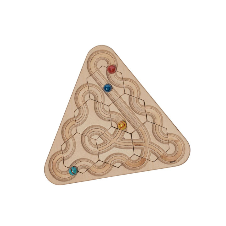Medium wooden mindfulness marble maze with rearrangeable hexagon tiles arranged in a triangle board, featuring looping engraved pathways and colorful marbles for calming play - Bella Luna Toys
