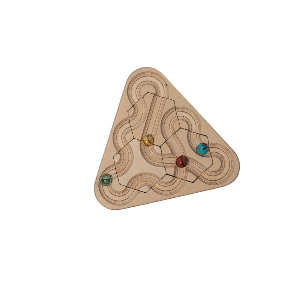 Small wooden mindfulness marble maze with rearrangeable hexagon tiles arranged in a triangle board, featuring looping engraved pathways and colorful marbles for calming play - Bella Luna Toys