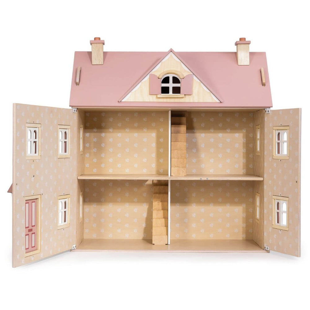 Tender Leaf - Alouette Dollhouse with doors open showing four interior rooms - Bella Luna Toys