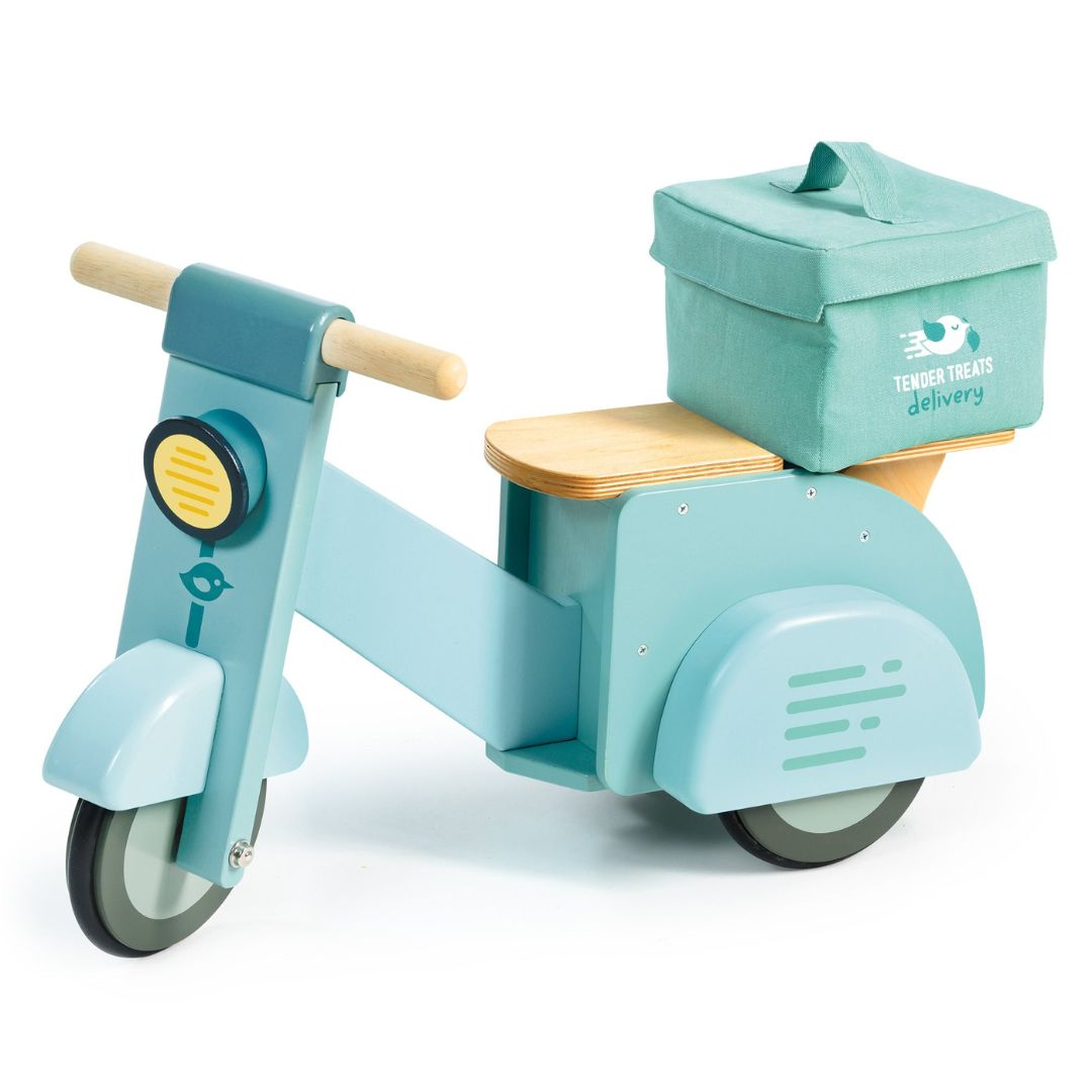 Tender Leaf Toys wooden delivery scooter with canvas bag and wooden seat on white background.