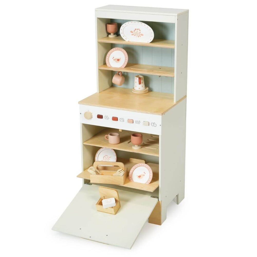 Tender Leaf -  Wooden toy kitchen dresser and dishwasher with shelves, play dishes, and soft pastel finish for imaginative pretend play - Bella Luna Toys