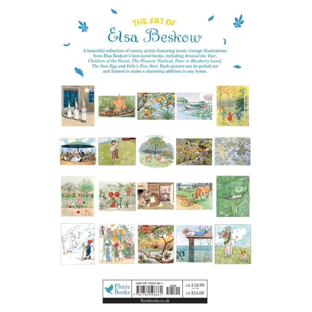 Back cover of The Art of Elsa Beskow book, displaying a collection of 20 illustrated prints featuring whimsical nature scenes and classic vintage artwork.