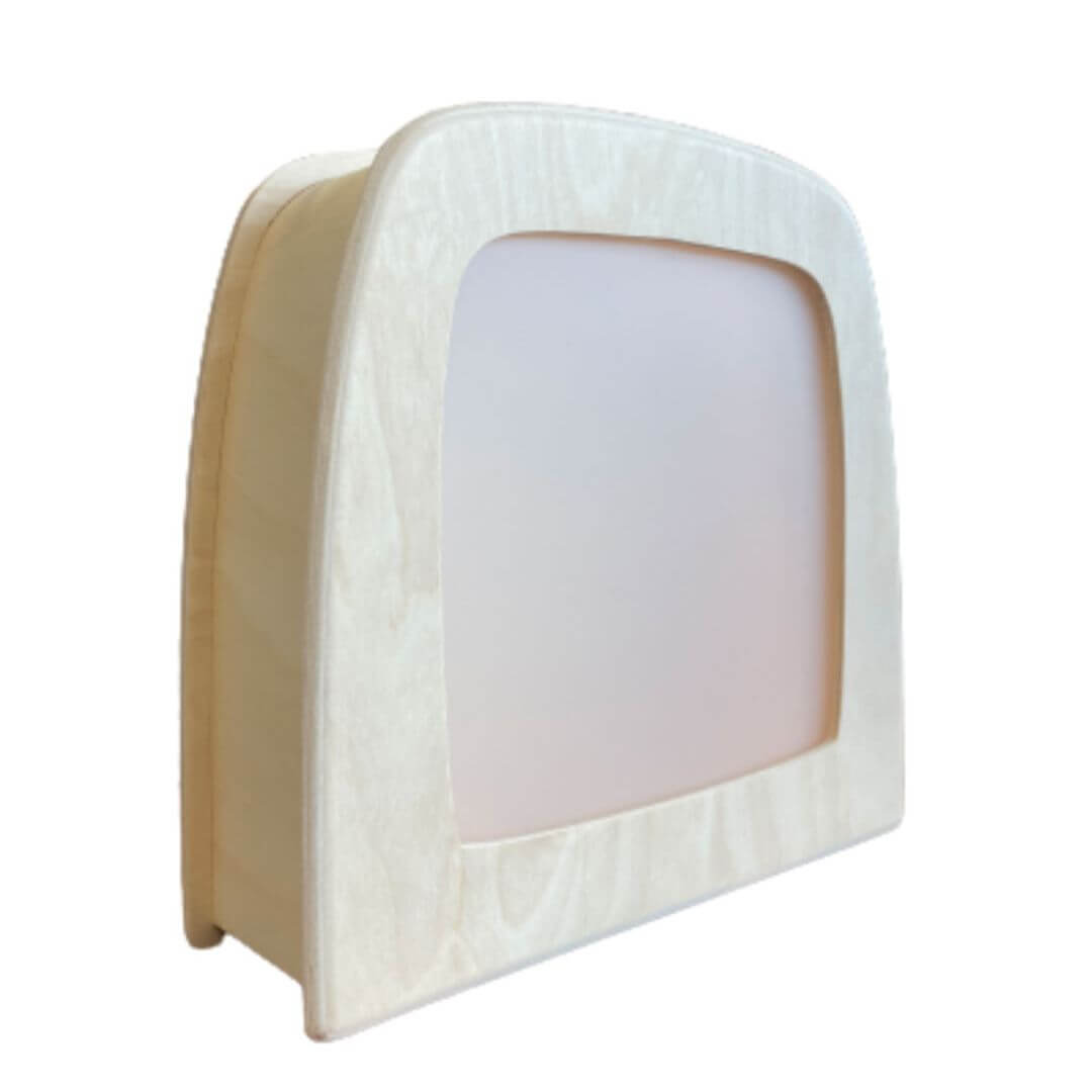 Toverlux Magic Lamp shown without a silhouette insert, featuring a smooth birch wood frame and frosted display panel.