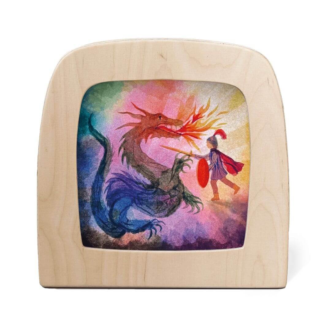 Toverlux Lamp Transparency – “St. George” by Vogel Geluk, depicting St. George facing a dragon in vibrant layered colors symbolizing courage, transformation, and light - Bella Luna Toys