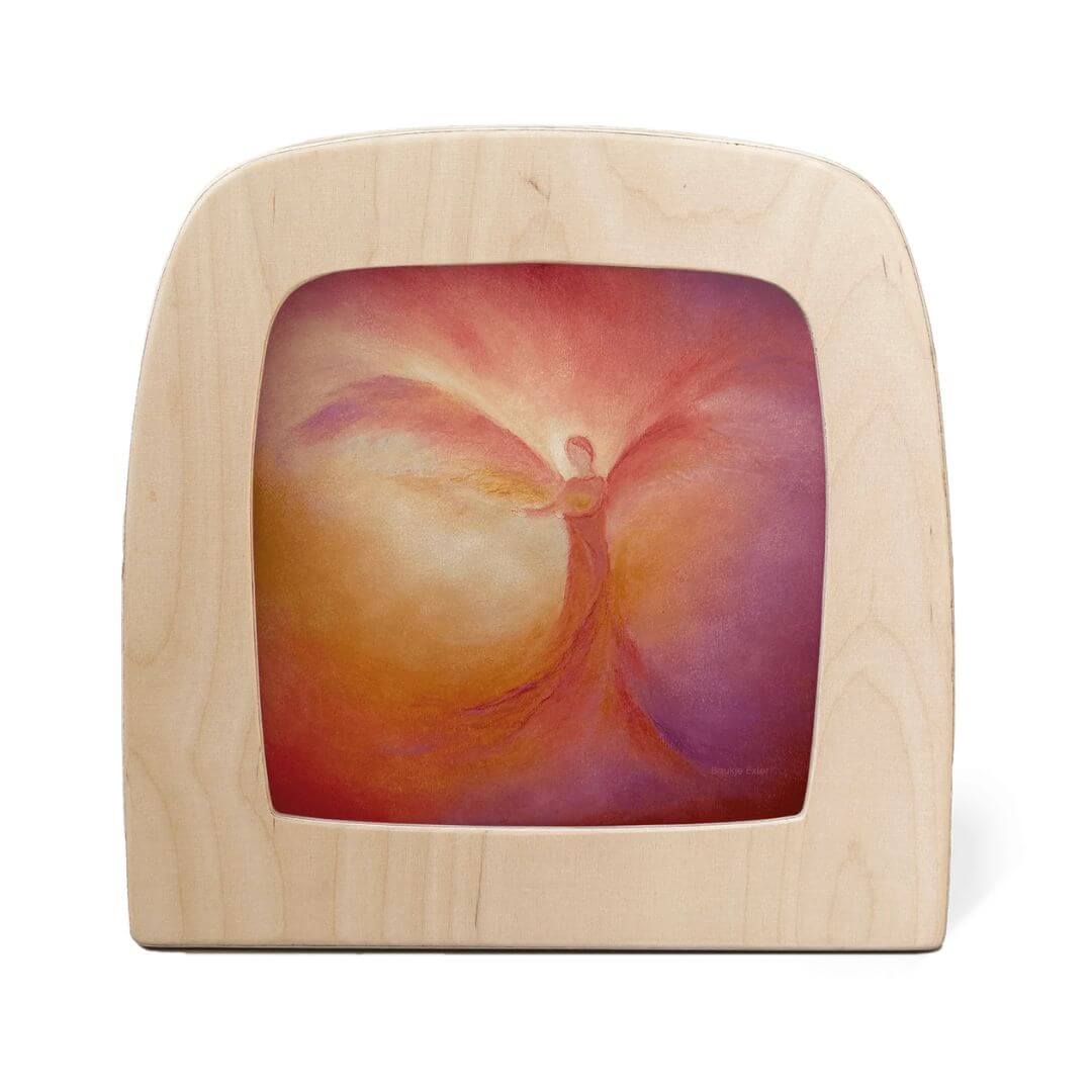 Toverlux Magic Lamp Night Light Silhouette featuring a warm-toned abstract angel figure with radiant wings in soft pastel hues by artist Baukje Exler.