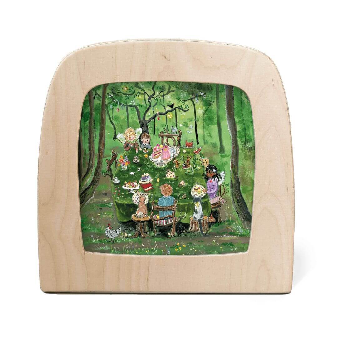 Toverlux Magic Lamp Night Light Silhouette featuring a detailed forest tea party with woodland animals and children around a picnic table in lush green woods.
