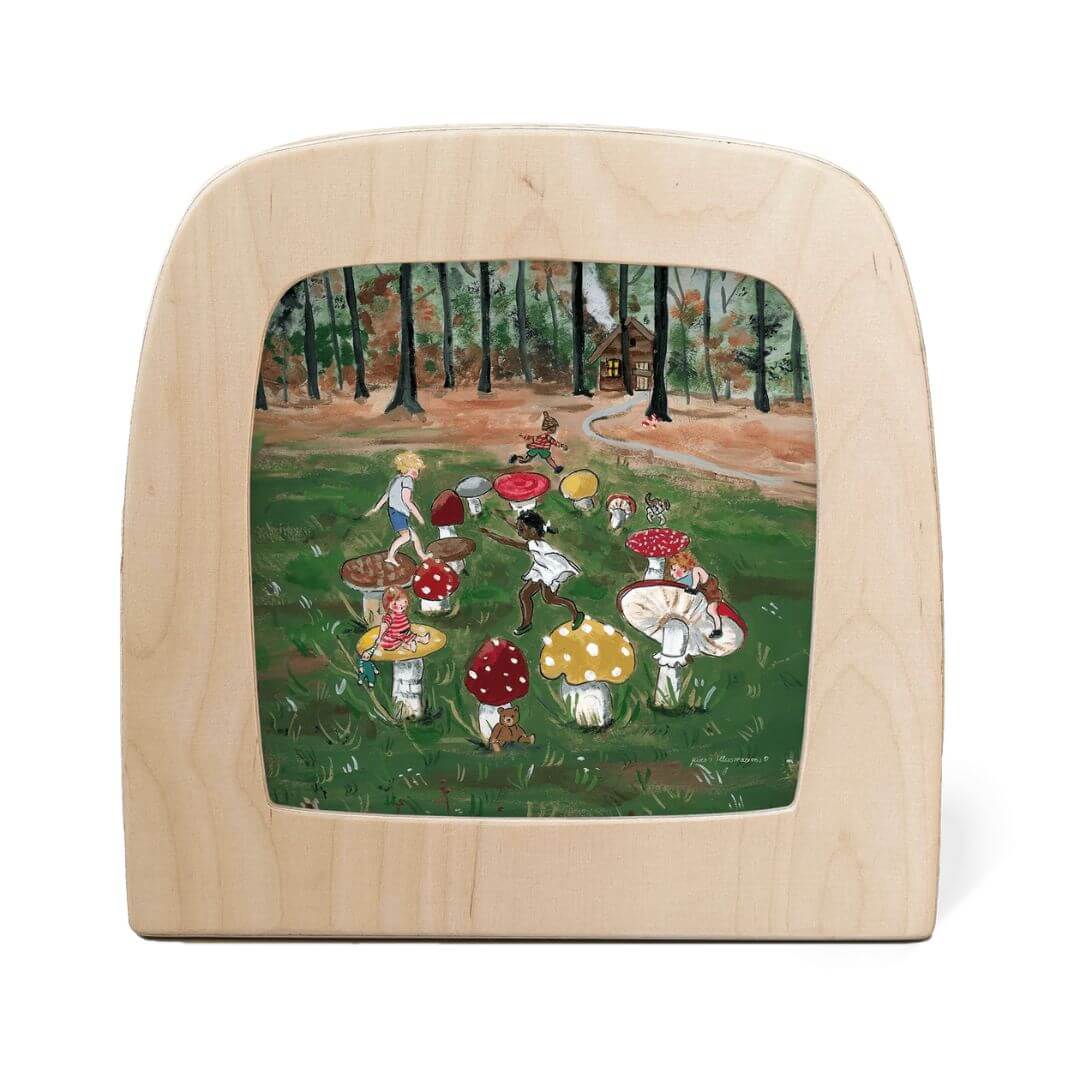 Toverlux Magic Lamp Night Light Silhouette of children and gnome-like characters dancing joyfully among red and yellow toadstools in a forest clearing.