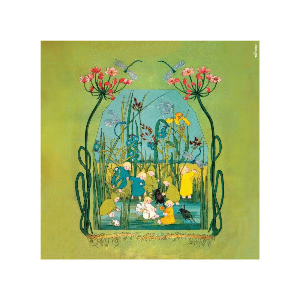 Toverlux Root Children Silhouette – A group of Root Children gather beneath tall wildflowers, surrounded by cattails, reeds, and dragonflies in an early spring meadow scene from Sibylle von Olfers' classic book.