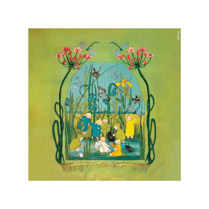 Toverlux Root Children Silhouette – A group of Root Children gather beneath tall wildflowers, surrounded by cattails, reeds, and dragonflies in an early spring meadow scene from Sibylle von Olfers' classic book.