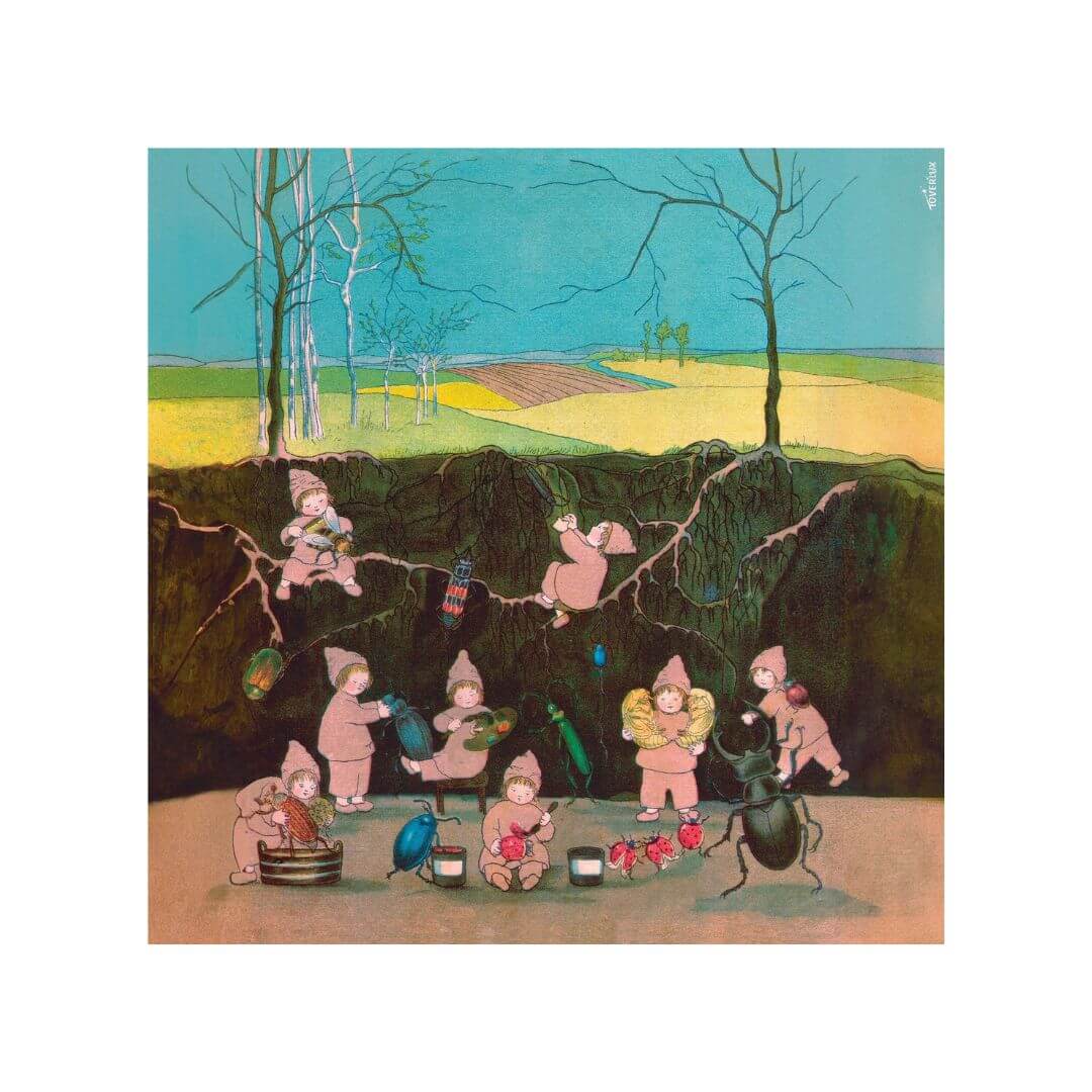 Toverlux Root Children Silhouette – The Root Children prepare for spring in their underground home, painting beetles, collecting flowers, and crafting with care in this enchanting scene from Sibylle von Olfers’ beloved story.
