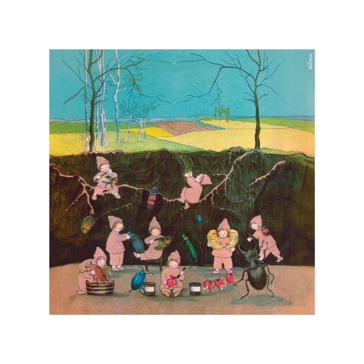 Toverlux Root Children Silhouette – The Root Children prepare for spring in their underground home, painting beetles, collecting flowers, and crafting with care in this enchanting scene from Sibylle von Olfers’ beloved story.