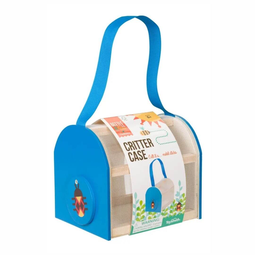 Wooden critter case with mesh sides, peek-through door, and blue carrying strap, designed for observing insects and nature finds.