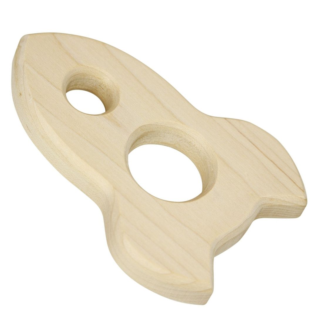 Unfinished wooden rocket-shaped baby teether with smooth edges, handcrafted from natural maple by Maple Landmark.