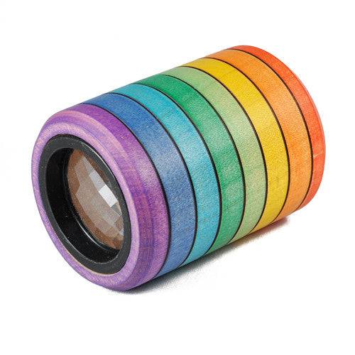 Mader Wooden Rainbow Kaleidoscope (teleidoscope) with hand-painted rainbow stripes and a faceted viewing lens.